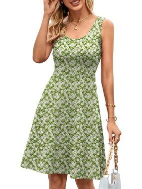 Women's Green Flower A line Sleeveless Wide Strap High Waist Tank Midi Dress